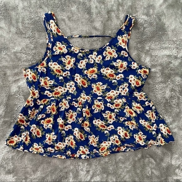 Navy Blue Sunflower Print Peplum Tank Top - Picture 1 of 5